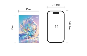 Size comparison of ocean shell sticker book showing 90x120mm dimensions versus iPhone 14