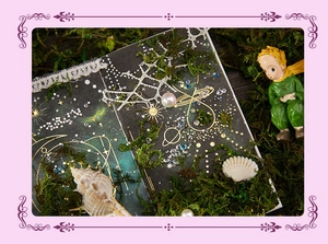 Papier décoratif univers avec constellations dorées et figurine du petit prince