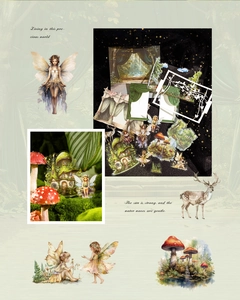 Retro forest fairy stickers with mushrooms and elks for vintage scrapbooking decoration
