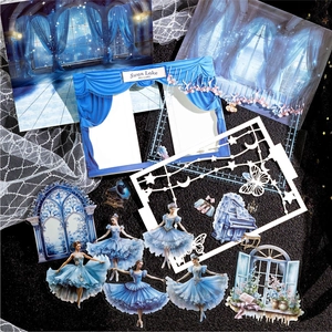 Flat lay of Swan Lake ballet themed aesthetic stickers with dancers and musical elements