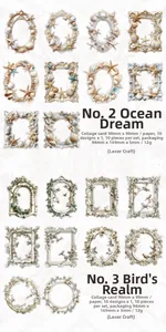 Laser-cut decorative collage cards with sea and floral themes for DIY scrapbooking
