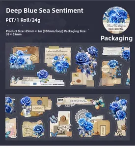 Λεπτομέρεια ταινίας PET Blue Deep Love με vintage σχέδια από τριαντάφυλλα και πεταλούδες