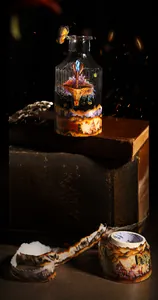 Macro view of vintage burnt-edge magic tape with castle and gemstone wand illustrations