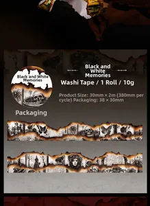 Detail specifications of black and white gothic washi tape with skull and castle motifs