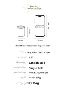 Detailed size chart for PET die-cut tape showing specifications and phone scale comparison