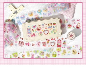 Cute PET masking tape detail showing hand-drawn bears, bows, and sweet heart patterns