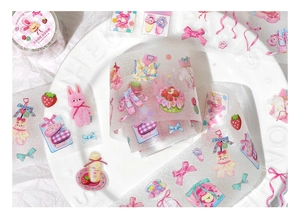 Detail of PET decorative tape featuring cute pink rabbits and strawberry illustrations