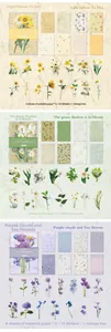 Floral scrapbooking kit detail showing paper sheets and stickers in vintage floral themes