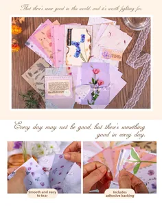 Close-up of floral scrapbooking stickers with vintage flower patterns on dark wood