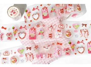 Macro detail of PET masking tape featuring cute pink girl-style patterns and glitter finish