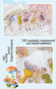 Macro shot of waterproof PET stickers with anime girl and mushroom themes for DIY journaling