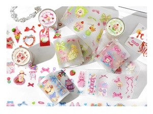 Detail of PET masking tape with cute cartoon motifs and glittery texture for DIY planners
