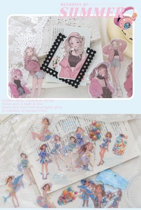 Detail view of waterproof PET anime girl stickers for DIY scrapbooking and planners