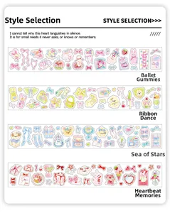 Macro view of four themed PET washi tapes with cute illustrations and die-cut edges