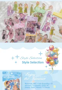 Detail showing PET waterproof stickers with cute summer girls and floral illustrations
