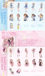 Detailed view of anime girl themed PET stickers with white ink printing process