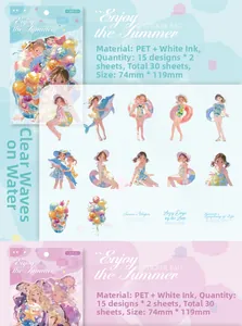 Detail of PET summer girl stickers for scrapbooking with waterproof white ink designs