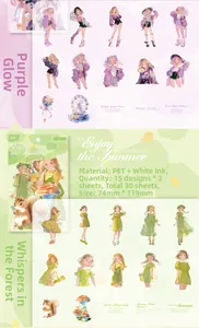 Detail of Summer Dream PET stickers featuring 30 pieces of cute illustrated forest characters