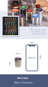 Detail of Retro Story PET tape with gold foil chains and iPhone X size comparison