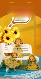 Detailed view of fairy garden girl stickers on white bench with vintage floral decor