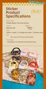 Detail showing 30pcs of transparent PET stickers with fairytale garden character designs