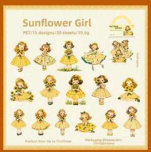 Detail view of 30pcs sunflower girl PET stickers set from Fairytale Garden series