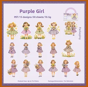 Flat lay of vintage girl stickers in purple PET material for journal decoration
