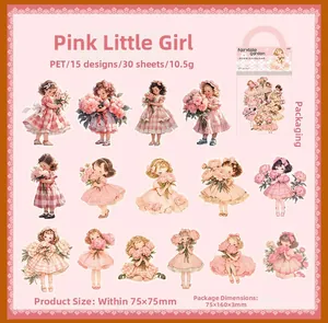 Detailed grid of 15 vintage girl illustrations on PET stickers for scrapbooking