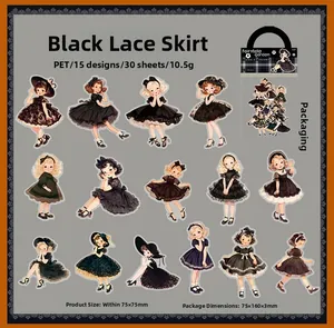 Detail of vintage PET girl stickers in black lace dresses for journaling scrapbooking