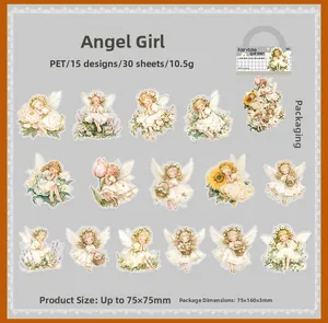 Macro display of 30pcs waterproof PET angel girl stickers for DIY scrapbooking journal decoration