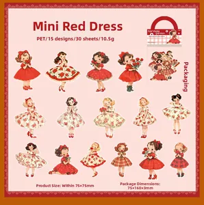 Collage of 15 vintage girl sticker designs in red dresses for scrapbook decoration