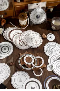 Detail showing vintage circular calendar stickers with celestial and botanical motifs