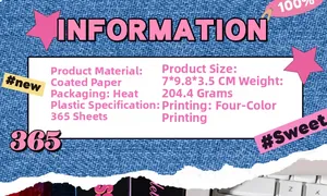 Information card showing vintage scrapbook paper specs, 365 sheets, 7x9.8cm size