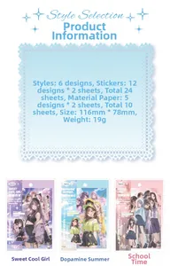 Detail specifications card for fashion magazine style DIY sticker and paper journal set
