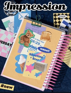 Detailed close-up of a DIY spiral junk journal with vintage American stickers on kraft paper