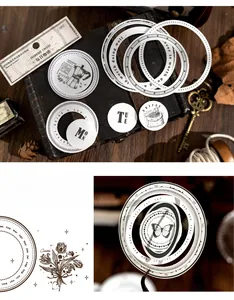 Detail of vintage coffee themed stickers with die-cut circular frames for scrapbooking