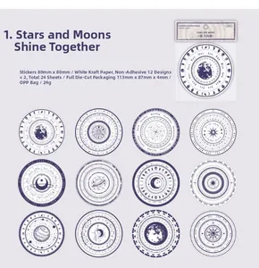 Detail of 24 celestial moon phase stickers made of vintage white kraft paper for journaling