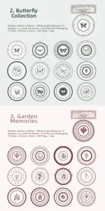 Detailed sheet showing vintage butterfly and garden circle stickers in white kraft paper