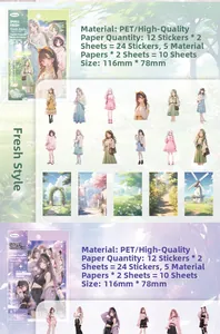 Detail view of 34-piece PET fashion girl sticker set including 116x78mm size specs