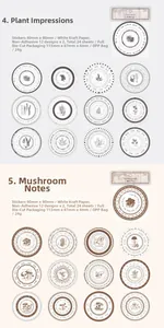 Detailed view of vintage plant and mushroom circular stickers on white kraft paper