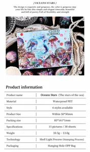 Macro detail of PET ocean stickers with iridescent shell light finish and seashell props