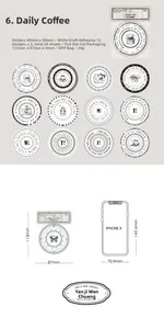 Detail showing 12 vintage coffee stickers with 80x80mm size comparison and white kraft paper