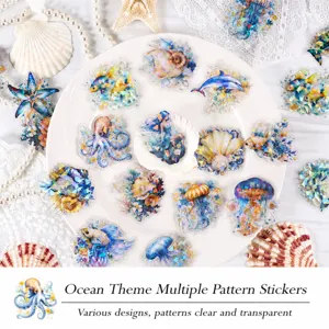 Detail of waterproof laser PET stickers featuring sea creatures like mermaids and dolphins