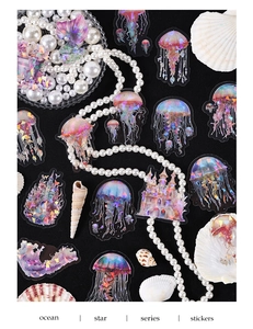 Iridescent PET ocean stickers featuring jellyfish and castles with pearl decoration