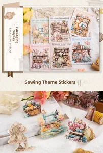Macro detail of vintage PET sewing stickers featuring antique sewing machines and dresses