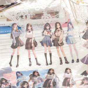 Fashion magazine theme stickers featuring anime girls in JK school uniforms for DIY journaling