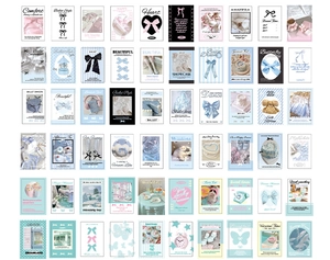 Detail view of 60 vintage Balletcore aesthetic scrapbooking stickers with bow and cat motifs