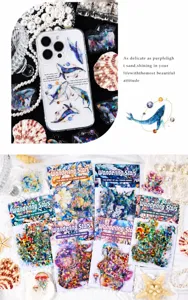 Macro detail of laser PET ocean stickers featuring whales and stars on a phone case