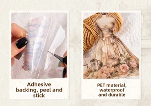 Detail of vintage PET stickers showing waterproof surface and easy-peel adhesive backing