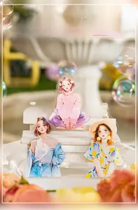 Detail of PET stickers featuring hand-drawn fashion girls on a white miniature bench
